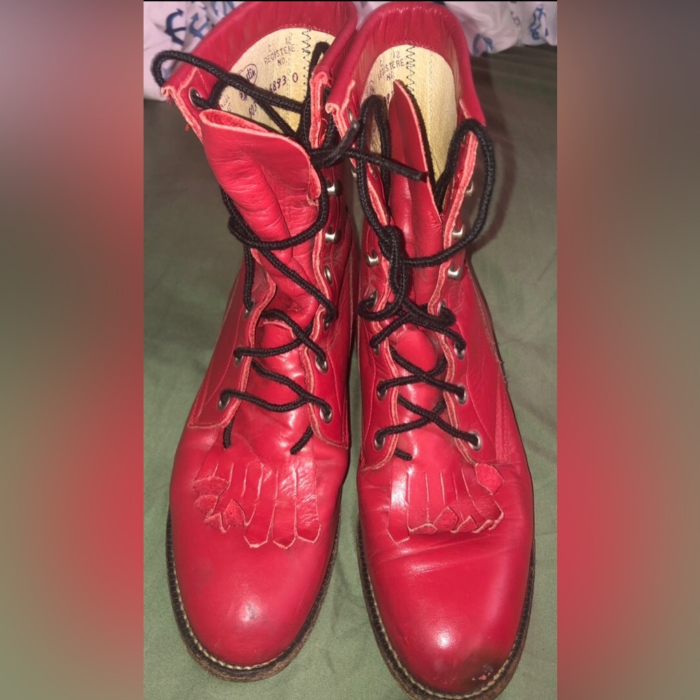 Vintage Justins Red Leather Lace up Boots With Fringe Size 5 1/2 B 90s